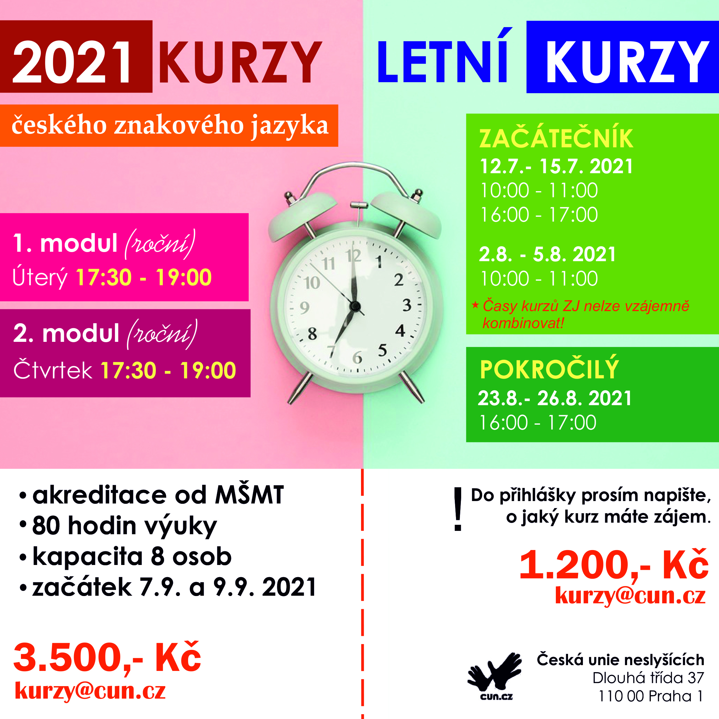 Intenzivní kurzy (léto 2021) a akreditované kurzy českého znakového jazyka od září 2021 Praha