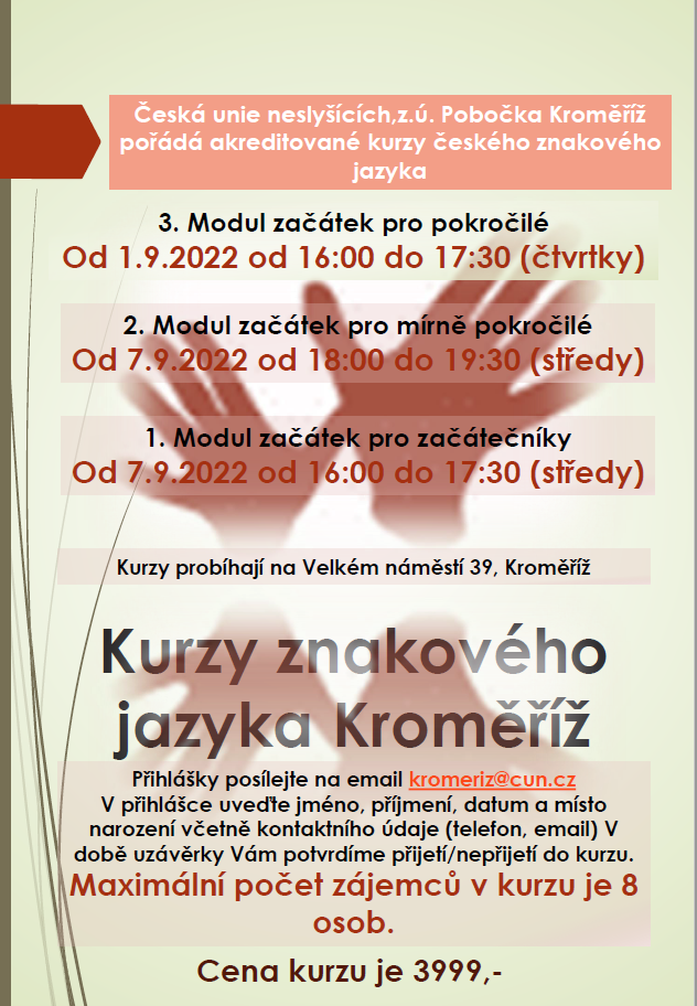 Akreditované kurzy českého znakového jazyka od září 2022 Kroměříž